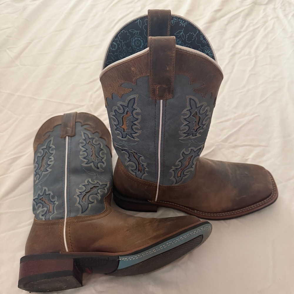 Laredo Brown and Blue Floral Cowboy Boots
